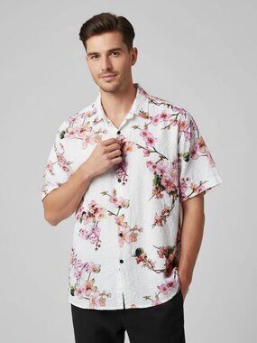 Jogal Men's XXL 2XL Button‎ Front Shirt White Pink Floral Short Sleeve Hawaiian